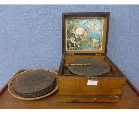 A 19th Century Swiss walnut cased Polyphon music box, with additional discs 