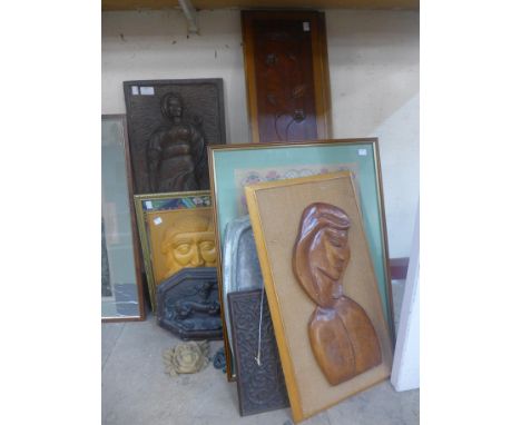 Four carved wood plaques, a tapestry and two others 