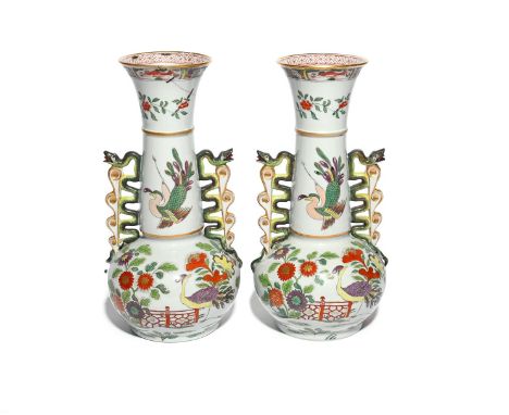 A rare pair of Spode stone china vases  c.1820, the globular bodies painted in the Kakiemon manner with exotic birds standing