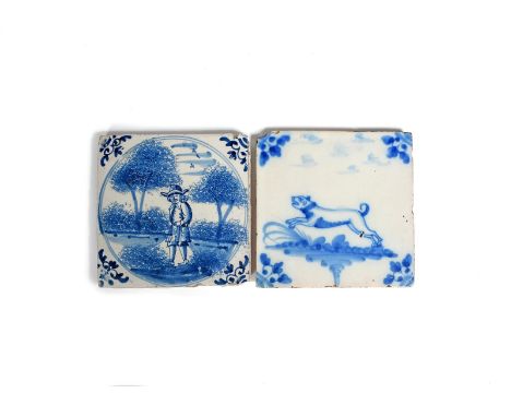 Two delftware tiles  c.1720-40, one Bristol and painted in blue with a figure between sponged trees, the other London and pai