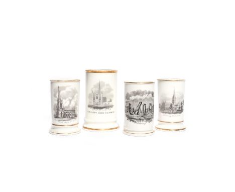 Four English porcelain spill vases  1st half 19th century, printed in black with scenes of Salisbury Cathedral, Stonehenge an