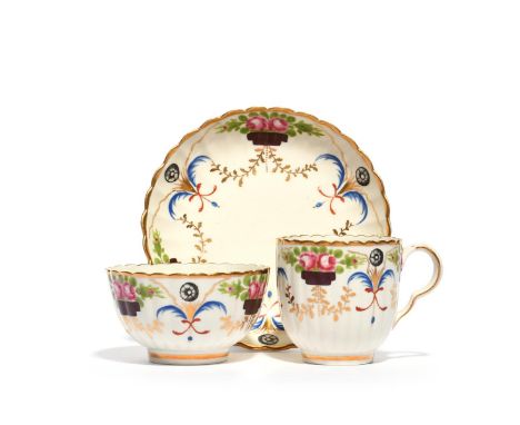 A Caughley trio  c.1790, comprising a teabowl, coffee cup and saucer, the fluted forms painted with back to back pink roses b