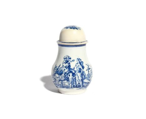 A rare Caughley mustard pot and cover  c.1790, the slender baluster form printed with the Travellers pattern after a print by