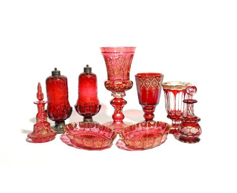 A collection of Bohemian ruby and cranberry glass  19th century, including three various goblets, two scent bottles and stopp