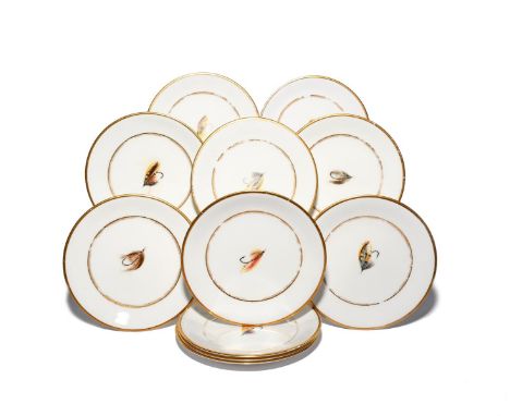 Eleven Royal Worcester plates  date codes for 1903, each painted to the well with a colourful fishing fly, a narrow gilt bord