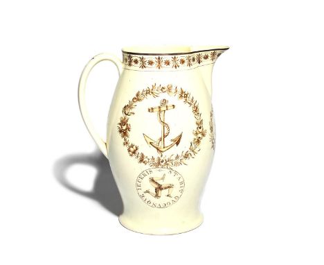 A large creamware jug  c.1800, painted in sepia, to one side with an anchor within a floral garland above the Isle of Man tri