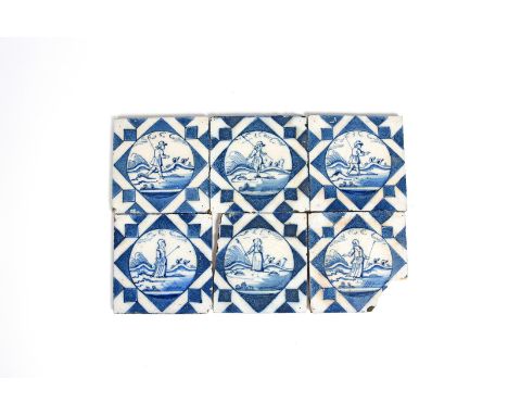 Six Delft tiles  1st half 18th century, each painted in blue with a circular panel containing a figure holding a staff, withi