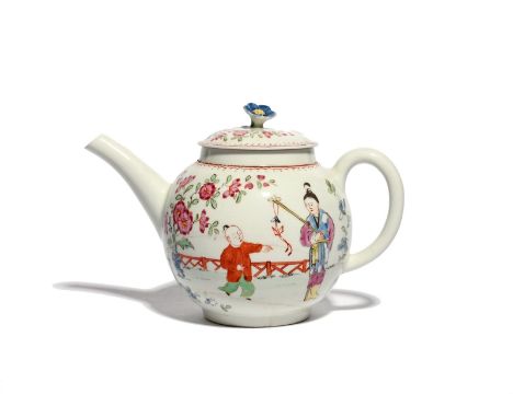 A rare and early Lowestoft teapot and cover  c.1768-70, painted in polychrome enamels with a Chinese boy and his mother playi