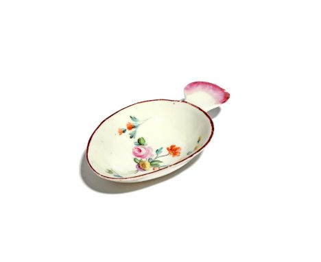 A Derby caddy spoon c.1770-80, the large egg-shaped well painted with polychrome flower sprays within a puce line rim, with f