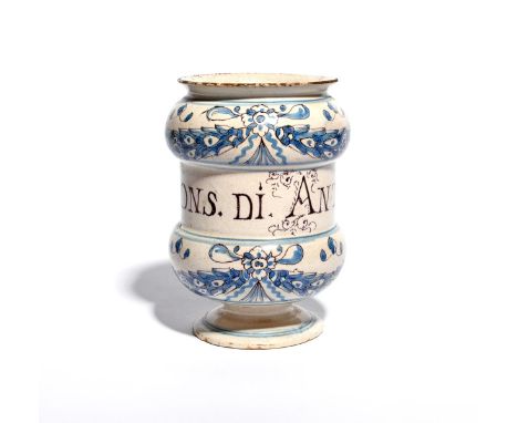 An Italian maiolica albarello  18th century, probably Savona, of dumbbell form, titled in manganese with 'Cons. di Antos' bet