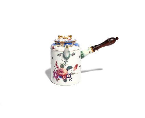 A Meissen chocolate pot and cover  2nd half 18th century, later decorated with sprays of flowers, fruit and insects, the rim 