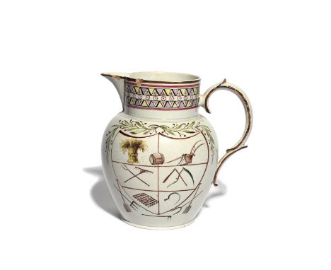 A pearlware farming or harvest jug  dated 1798, painted to one side with a shield containing various farming implements, the 