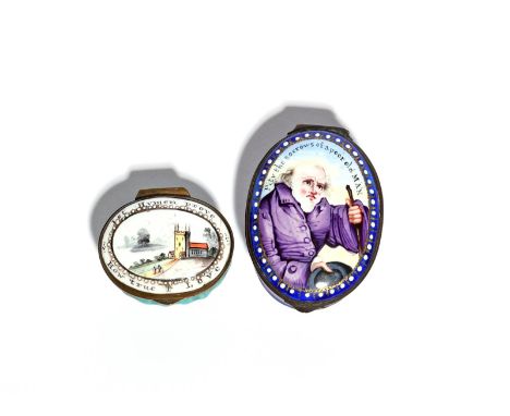Two English enamel patch boxes late 18th century, of oval form, one painted with an elderly beggar holding out his hat, inscr