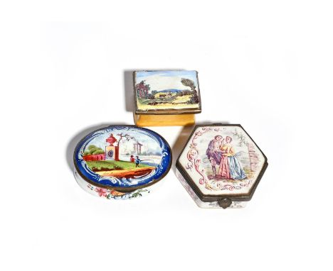 An English enamel snuff box and a patch box  c.1780, the snuff box of oval form and painted with figures fishing beside Class