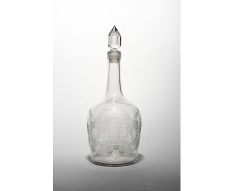 A rare magnum Beer decanter and stopper c.1765, the round-shouldered form engraved to one side with a bottle ticket suspended