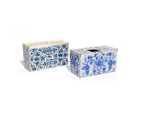 Two large delftware flower bricks  c.1740-60, one painted in a bright blue with a formal design of flowering branches echoed 