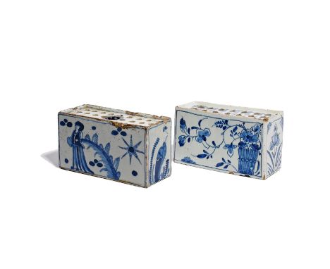 Two large delftware flower bricks  c.1730-50, Dutch or English, one painted with a Chinese lady beside a large sun or star, t