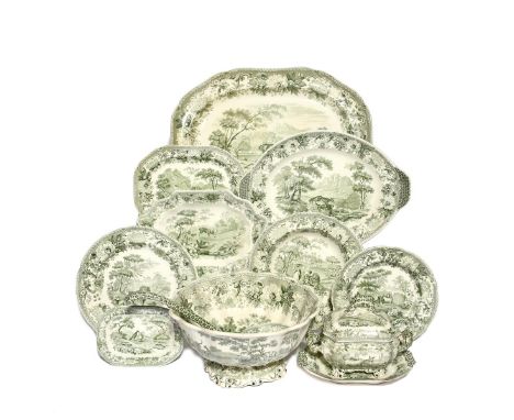 A Copeland and Garrett part dinner service  c.1840, printed in green with various scenes from Aesop's Fables, within a wide f