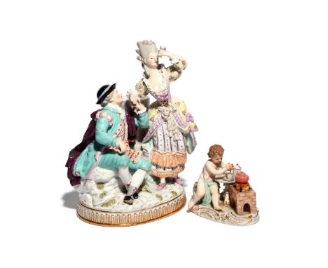 A Meissen figure group of lovers 19th century, modelled as a courting couple, the man seated and gazing up to his sweetheart 