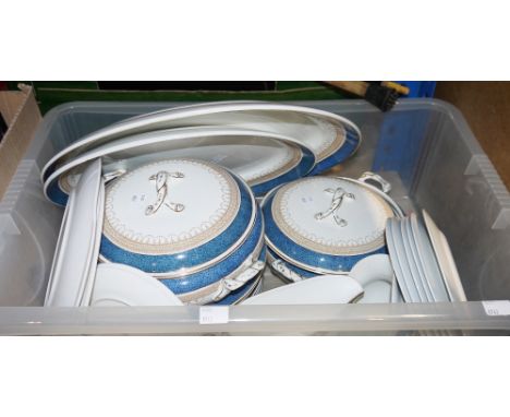 Losolware Claremont pattern part dinner service&nbsp;with blue speckled borders including tureens, dinner plates, serving dis