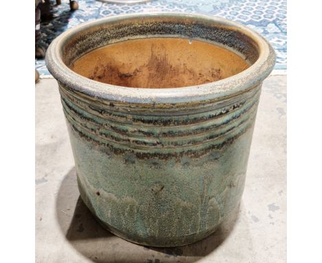 Turquoise glazed terracotta cylindrical garden planter, 33cm high