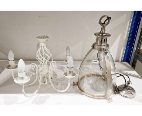 Modern glass and chrome effect hanging light shade of domed conical form, 50cm high together with modern white finish metal f