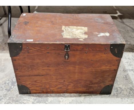 Wooden and metal bound trunk with carrying handles, 45cm high x 66cm wide