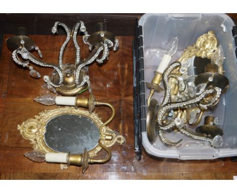 Pair of 20th century mirror back twin light gilt metal wall sconces, with electrified candle lights and two contemporary Ital