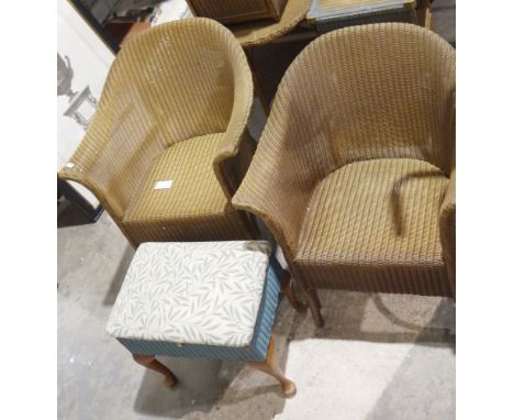 Vintage gold-painted Lloyd Loom 'Lusty' suite of wicker furniture, comprising: two armchairs 78cm high, a circular two-tier t