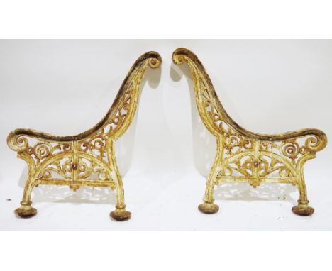 Pair of Victorian white painted Coalbrookdale cast-iron scroll bench ends, stamped COALBOOKDALE and indistinctly numbered 879