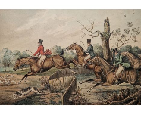 After Henry Alken (1784-1851)
Hand-coloured engraving
Hunting scene with horses and hounds jumping a fence, framed and glazed