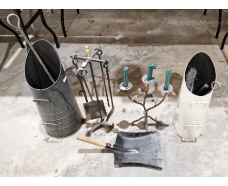 Fire companion and other fire tools, two coal scuttles, a three light metal candlestick and other items&nbsp;