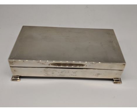 A century silver cigar box, engine turned lid, hallmarked Birmingham, 1961-62, maker T&amp;S, engraved, total item weight 317