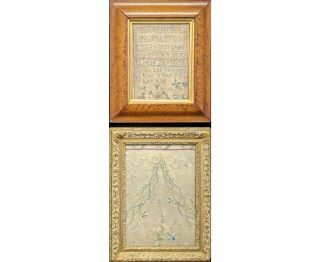 An Arts and Crafts alphabet sampler, 23cm x 19cm, together with one other embroidery, 33cm x 24cm