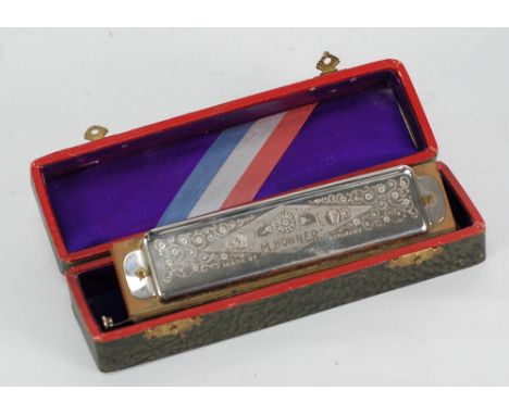 M. HOHNER, GERMANY BOXED SUPER CHROMONICA - HARMONICA, chromium plated and wood with sliding aperture adjustment, 6" (15.3cm)