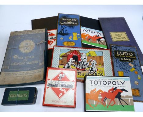 A BOXED GLEVUM GAMES 'DRAUGHTS AND BOARDS' ANOTHER CHESS AND DRAUGHTS BOARD with playing pieces, a Totopoly board game and Mo