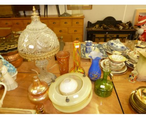 LARGE MOULDED GLASS AND GILT  METAL MUSHROOM SHAPED TABLE LAMP AND SHADE, CARNIVAL GLASS VASE , FLORAL DECORATED GLASS LIGHT 