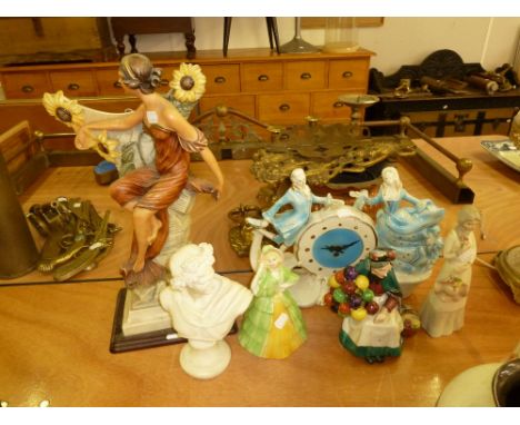 ART NOUVEAU STYLE COMPOSITION FIGURAL MIRROR STAND (LACKS CIRCULAR FRAMELESS MIRROR) POTTERY FIGURAL MANTEL CLOCK AND FOUR CH