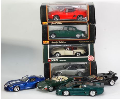 A 1990'S BOXED CORGI 1:18 SCALE MODEL MGB ROADSTER, three boxed Maisto (Thailand) similar scale models, as above and four Bur