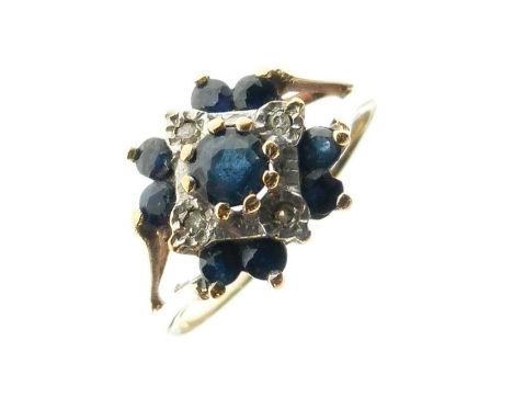 9ct gold cluster ring set blue and white stones, size M approx, 2.6g gross approx