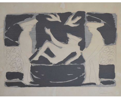 20th Century abstract print of three figures and doves, 43cm x 51.5cm, together with modernist abstract watercolour, 23.5cm x