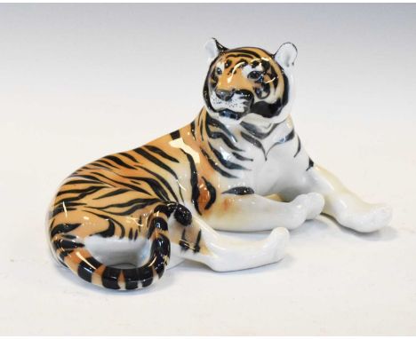 U.S.S.R porcelain model of a tiger in recumbent pose, 14cm high 