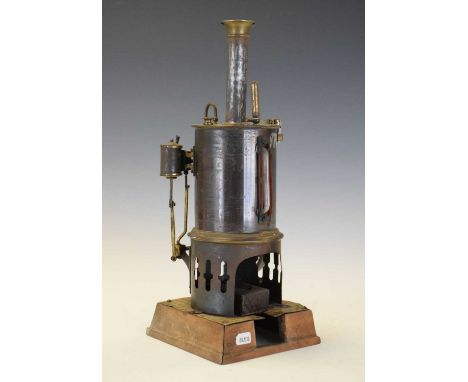 Vertical stationary engine with open worked boiler and oscillating cylinder, on a wooden base with simulated tile floor, 32cm