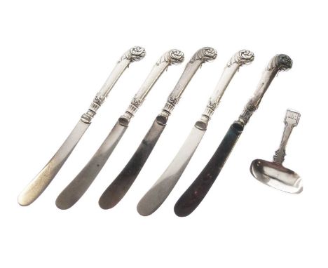 George IV silver caddy spoons, Birmingham 1827, sponsor's mark for Ledsam, Vale &amp; Wheeler, together with five later silve