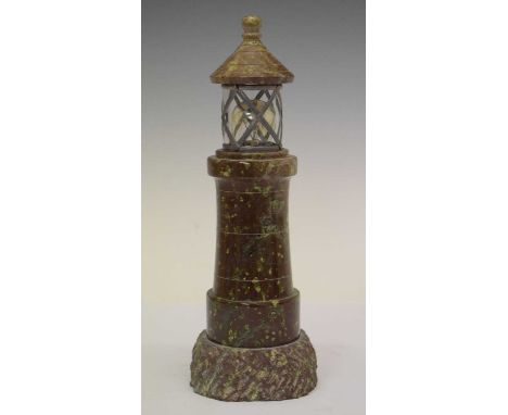 Cornish serpentine lighthouse table lamp, 21.5cm high