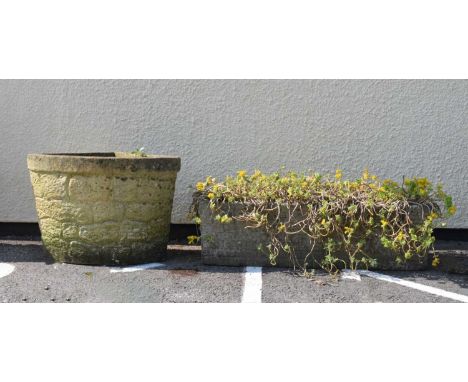 Composite stone rectangular garden trough, 92 x 33 x 27cm high, together with a similar corner planter