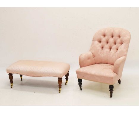 Victorian deep button salon chair, 62cm (seats widest point) x 86cm high, together with a rectangular footstool raised on fou