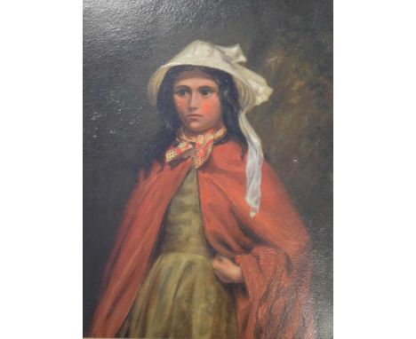 19th Century - Oil on board - Portrait of a girl in a red cloak, unsigned, 35cm x 26cm, in gilt frame with moulded decoration