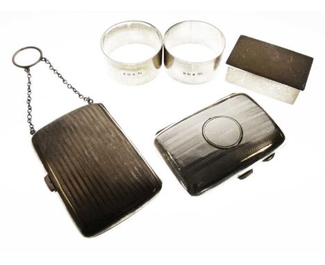 George V silver cigarette case, Birmingham 1912, together with a later example, pair of napkin rings and a stamp box, 220g gr