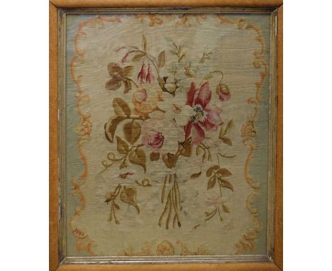 Victorian needlework panel in the aubusson-style, 53cm x 42cm, maple framed under glass, together with a later floral tapestr